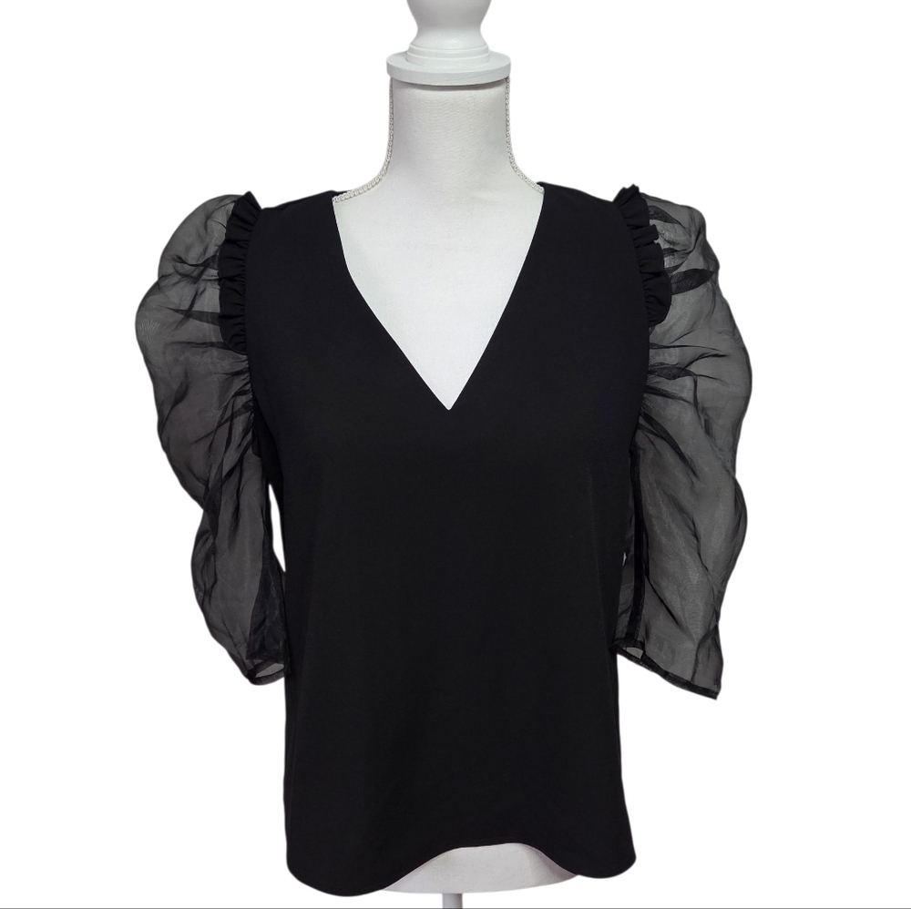 Crosby by Mollie Burch Black Sheer Puff Sleeves Statement Top Womens Medium